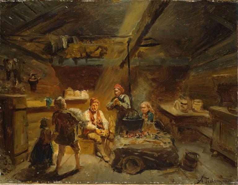 A Boy bringing Home a sick Lamb,Adolph Tidemand,Oil Painting,Oil Painting, multiple boys, sitting, indoors