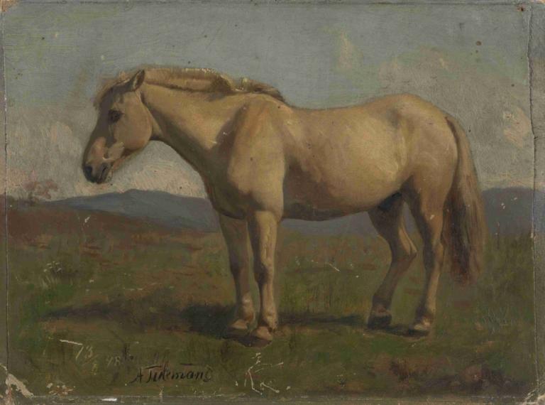 A Dun Horse,Adolph Tidemand,Oil Painting,Oil Painting, no humans, grass, outdoors, solo, signature