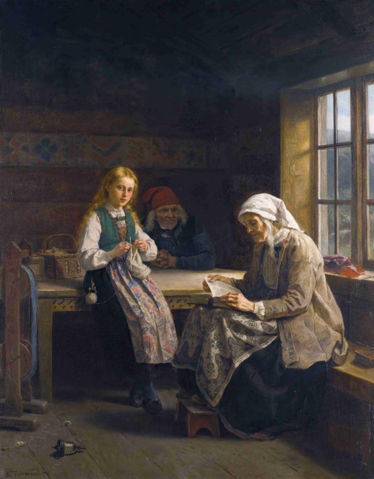 A Hardanger Interior, Young Girl Knitting,Wnętrze Hardanger, Młoda dziewczyna na drutach,Adolph Tidemand