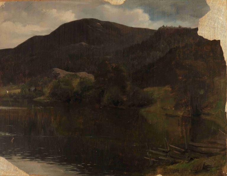 A Lake,Adolph Tidemand,Oil Painting,Oil Painting, scenery, no humans, outdoors, cloud, sky, water, cloudy sky