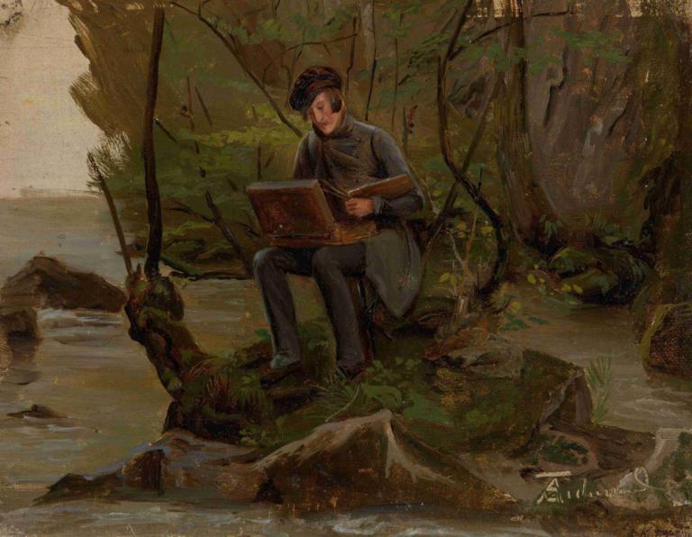 A Painter at his Paint Box,Adolph Tidemand,Oil Painting,Oil Painting, solo, sitting, tree, 1girl, instrument