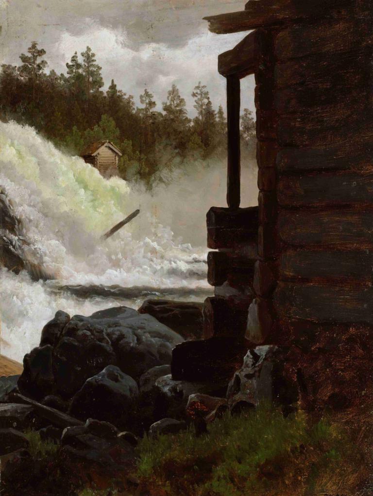 A Waterfall,Adolph Tidemand,Oil Painting,Oil Painting, scenery, outdoors, cloud, tree, no humans, grass, rock