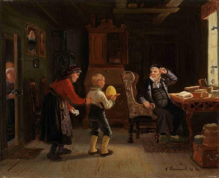 Anmeldelse til konfirmasjon,Adolph Tidemand,Oil Painting,Oil Painting, fine art parody, chair