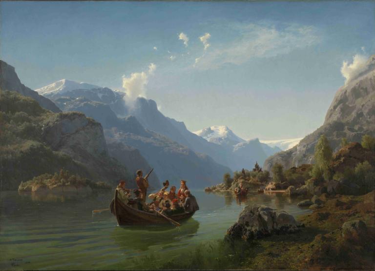 Bridal Procession on the Hardangerfjord,Adolph Tidemand,Oil Painting,Oil Painting, scenery, multiple boys