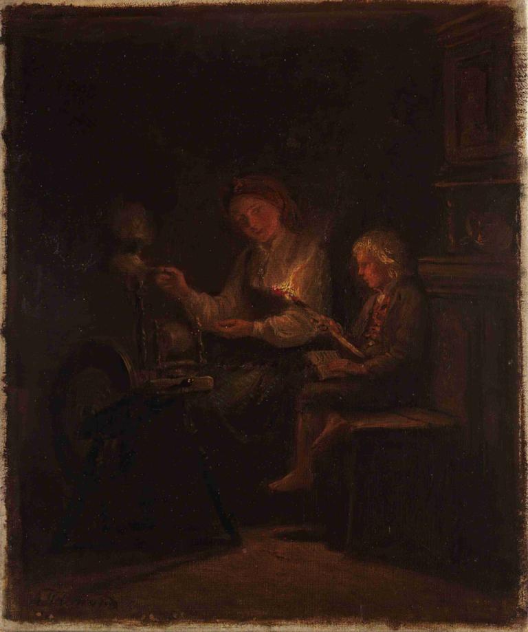 By the Spinning Wheel,Adolph Tidemand,Oil Painting,Oil Painting, sitting, candle, dark, barefoot, blonde hair