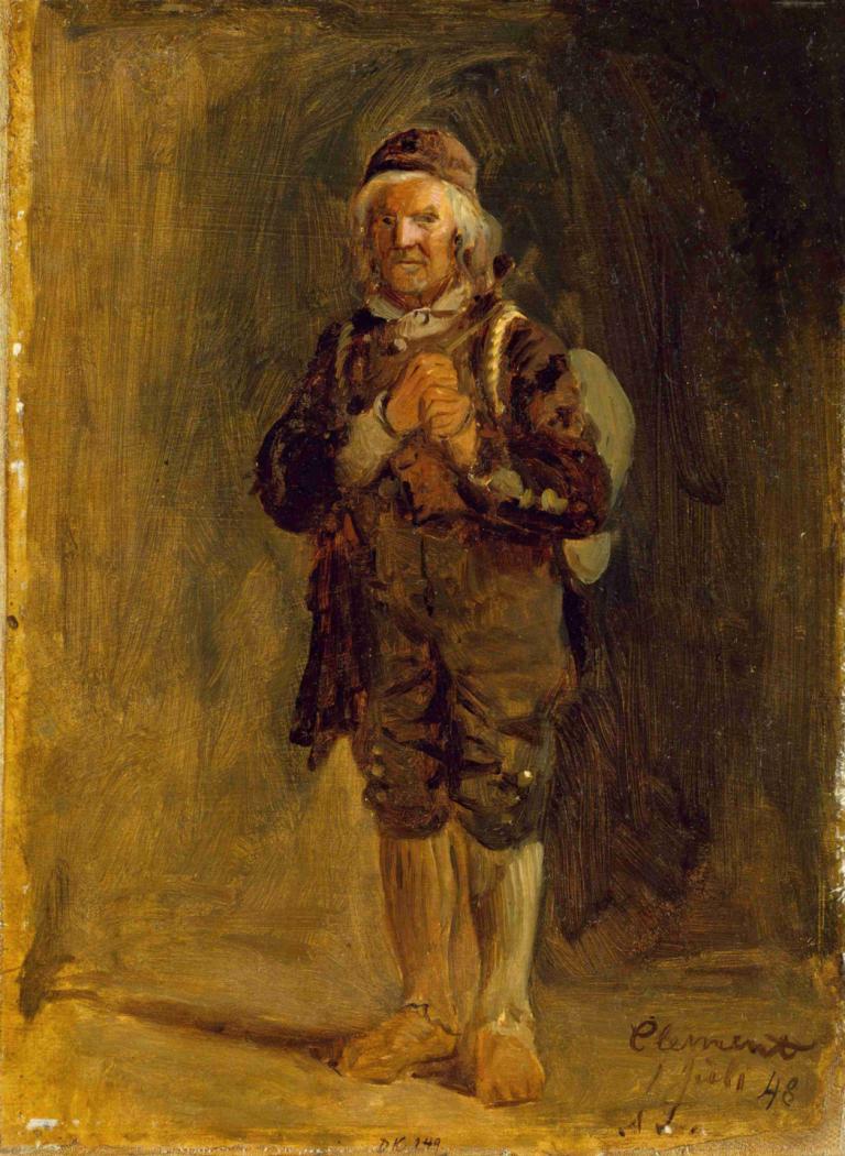 Clement Ringnæs from Sigdal,Adolph Tidemand,Oil Painting,Oil Painting, solo, 1boy, male focus, old, hat, bag