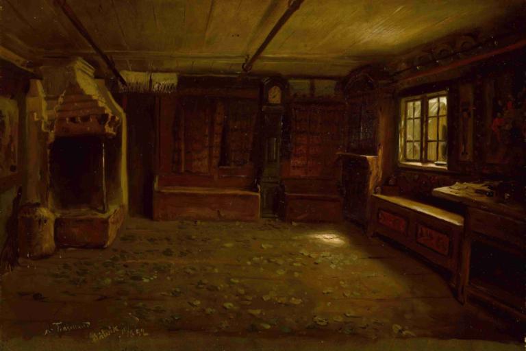 Farm Interior,Adolph Tidemand,Oil Painting,Oil Painting, no humans, scenery, window, indoors, door