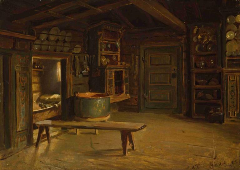 Farm Interior from Gulsvik in Hallingdal,Adolph Tidemand,Oil Painting,Oil Painting, scenery, no humans, table