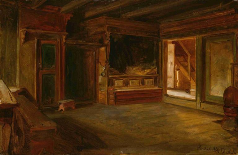 Farm Interior from Sandak,Adolph Tidemand,Oil Painting,Oil Painting, scenery, no humans, door, chair, indoors