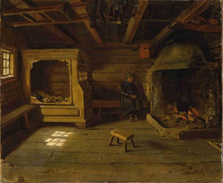 Farm Interior from Skjønne in Numedal,Adolph Tidemand,Oil Painting,Oil Painting, chair, indoors, solo, window