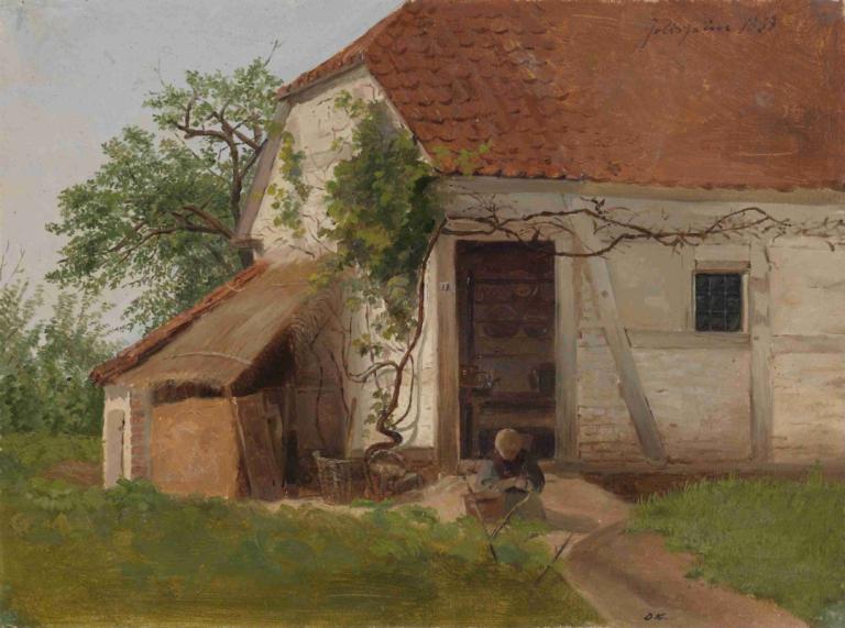 Farm at Goldsheim,Adolph Tidemand,Oil Painting,Oil Painting, house, outdoors, tree, grass, plant, scenery