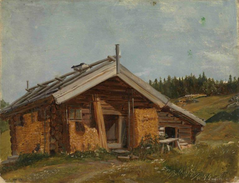 Farmhouse at Bolkesjø,Adolph Tidemand,Oil Painting,Oil Painting, outdoors, no humans, scenery, grass, house