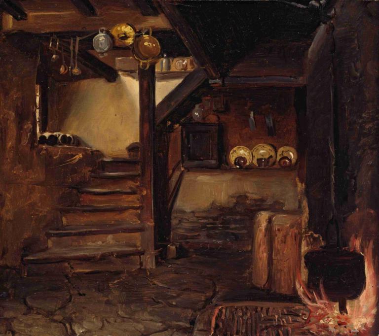 German Kitchen,Adolph Tidemand,Oil Painting,Oil Painting, no humans, stairs, scenery, dark