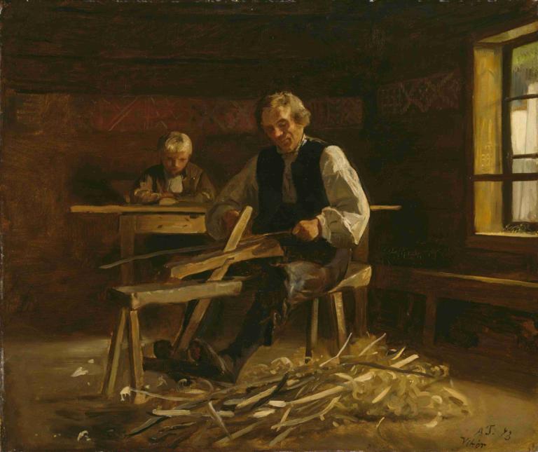 Interior from Vikøy with Farmer making Barrel Hoops,Interiør fra Vikøy med Farmer, der laver Barrel Hoops