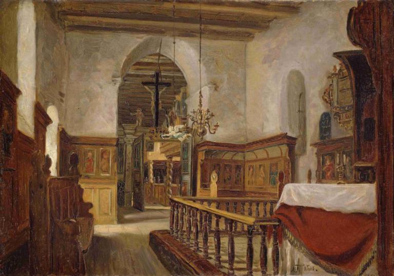 Interior from the Church at Voss,Interiør fra Kirken på Voss,Adolph Tidemand,Oliemaleri,Oliemaleri, landskab