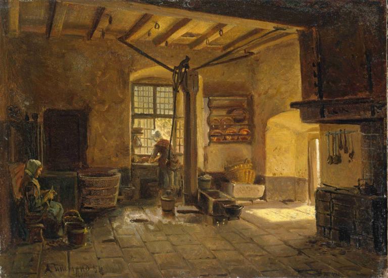 Kitchen Interior,Adolph Tidemand,Oil Painting,Oil Painting, indoors, window, chair, sitting, multiple boys