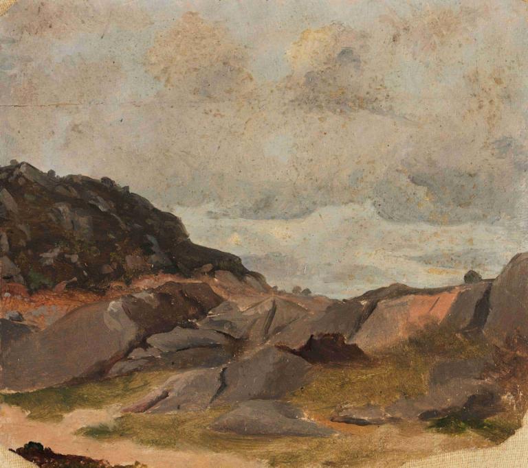 Landscape Study,Adolph Tidemand,Oil Painting,Oil Painting, no humans, outdoors, scenery, rock, sky