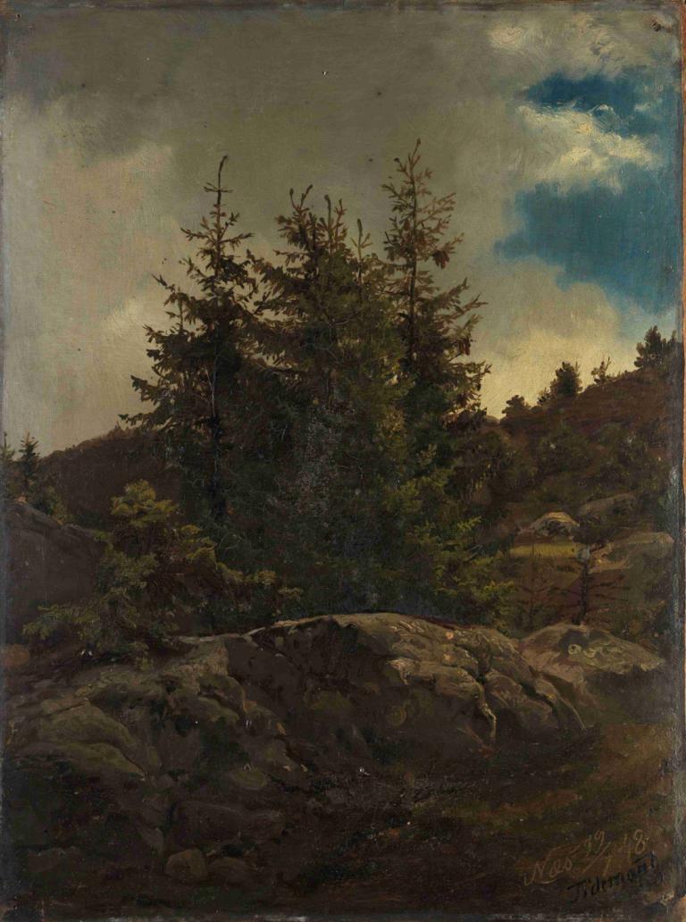 Landscape from Nes in Hallingdal,Adolph Tidemand,Oil Painting,Oil Painting, no humans, outdoors, tree, sky