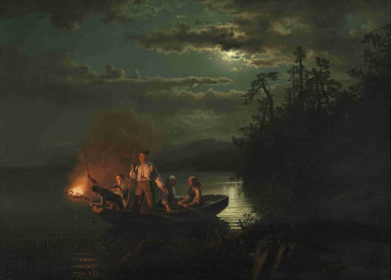 Lystring på Krøderen,Adolph Tidemand,Oil Painting,Oil Painting, cloud, watercraft, multiple boys, campfire