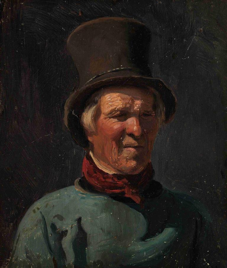 Man with Hat,Adolph Tidemand,Oil Painting,Oil Painting, solo, male focus, 1boy, hat, top hat, upper body