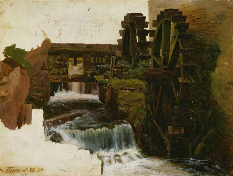 Millstream,Adolph Tidemand,Oil Painting,Oil Painting, scenery, water, waterfall, no humans, traditional media