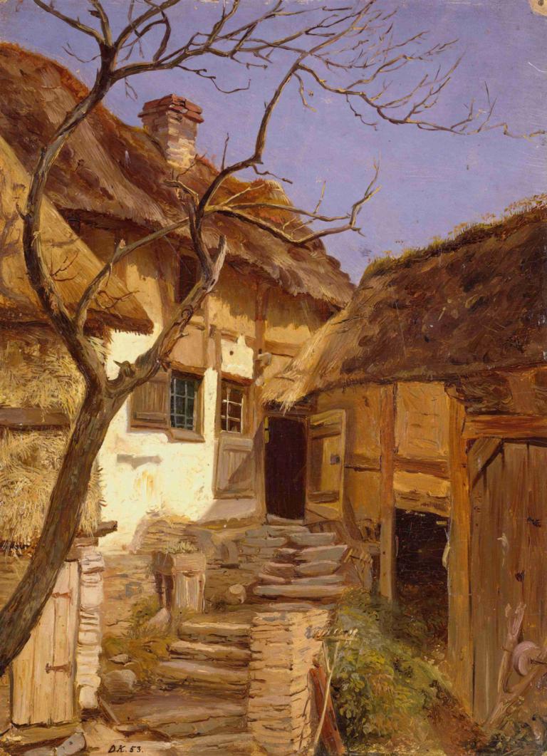 Old German Farm,Adolph Tidemand,Oil Painting,Oil Painting, no humans, tree, scenery, outdoors, stairs, sky