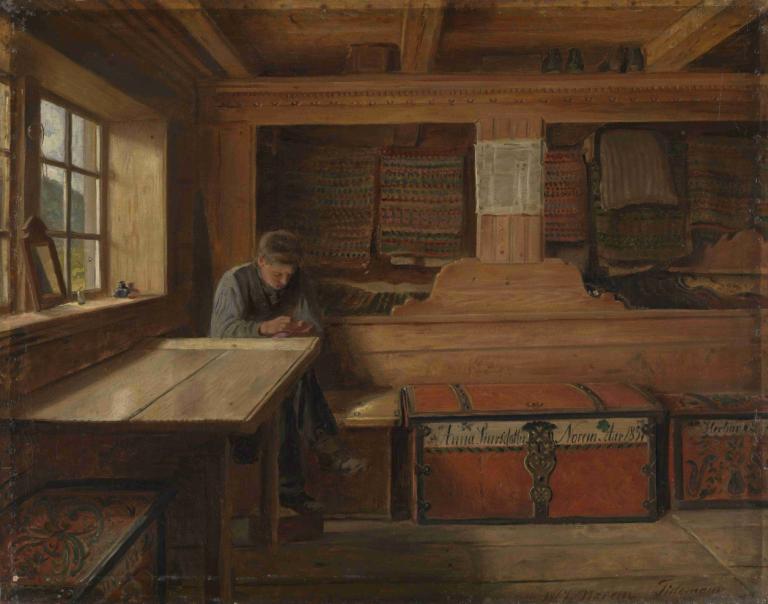 Old Storeroom in Vikøy,Adolph Tidemand,Oil Painting,Oil Painting, 1boy, male focus, window, solo, sitting