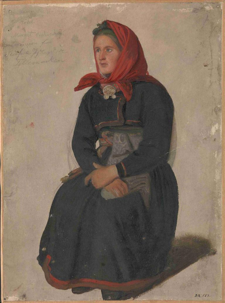 Peasant Woman from Telemark,Adolph Tidemand,Oil Painting,Oil Painting, fine art parody, solo, dress, sitting