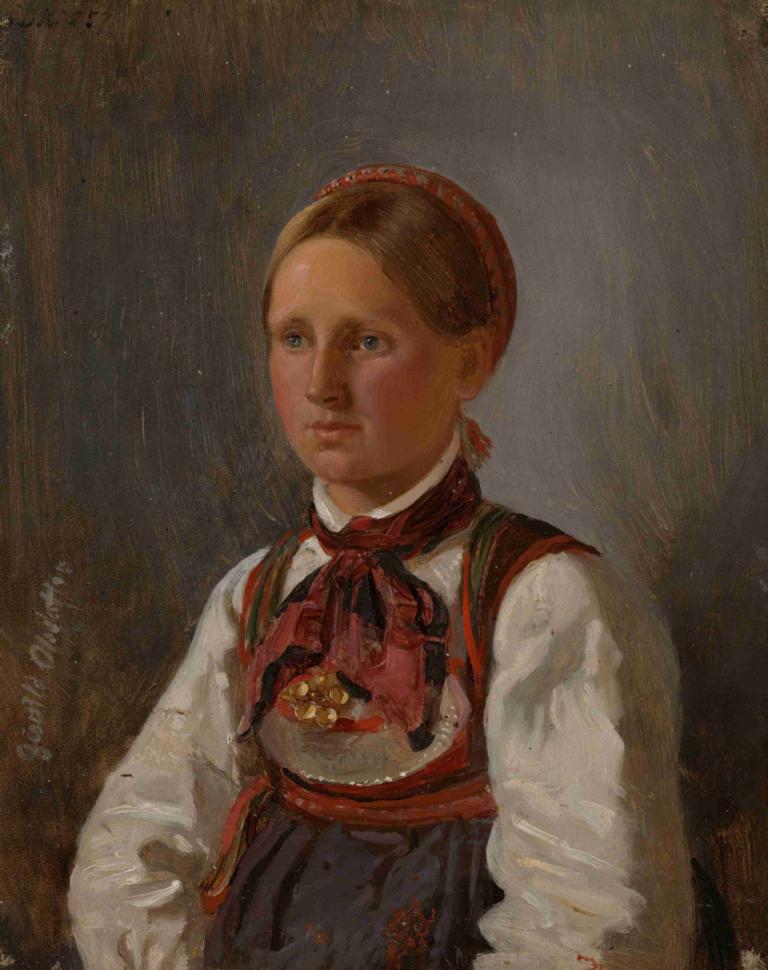 Portrait of Gunild Olsdatter from Tinn,Adolph Tidemand,Oil Painting,Oil Painting, solo, 1girl, realistic