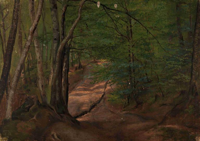 Road in the Forest,Adolph Tidemand,Oil Painting,Oil Painting, nature, no humans, forest, scenery, outdoors