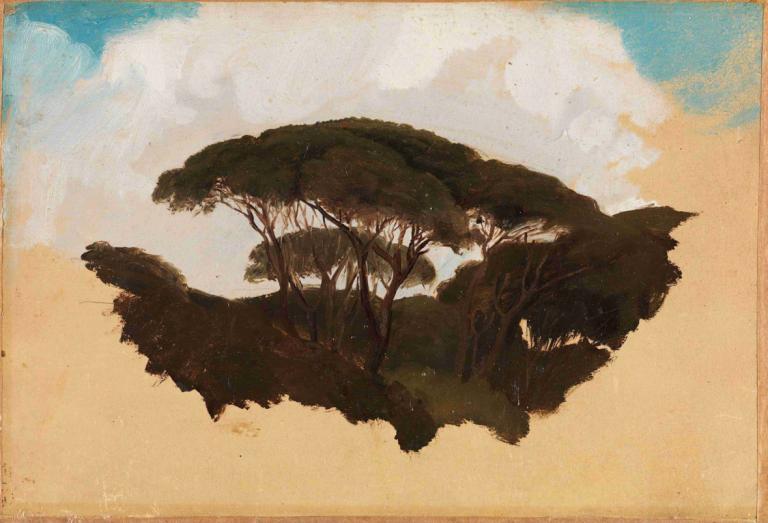 Study of Stone Pines,Studie van Stone Pines,Adolph Tidemand,Olieverf,Olieverf, boom, geen mensen, lucht