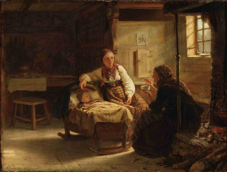 The Fortune-teller,De waarzegger,Adolph Tidemand,Olieverf,Olieverf, meerdere meisjes, binnenshuis, raam