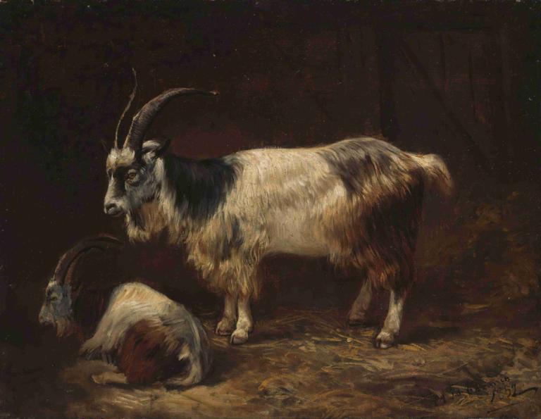 Two Goats,Dve kozi,Adolph Tidemand,Oljna slika,Oljna slika, brez ljudi, realističen, podpis, rogovi, solo