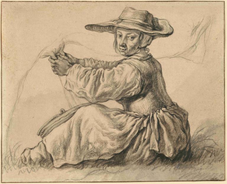 A Milkmaid,Aelbert Cuyp,Sketch,Sketch, 1boy, hat, monochrome, solo, male focus, facial hair, old, sitting