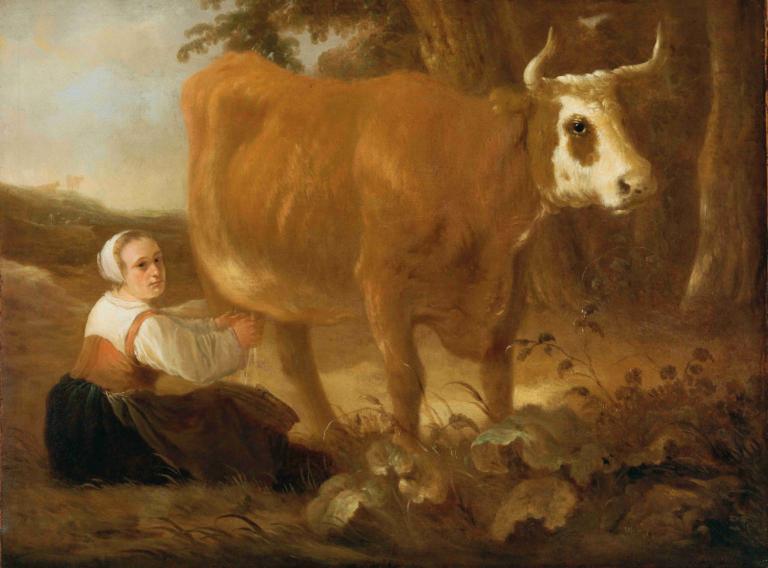 A Milkmaid With A Cow,Aelbert Cuyp,Oil Painting,Oil Painting, 1girl, outdoors, faux traditional media