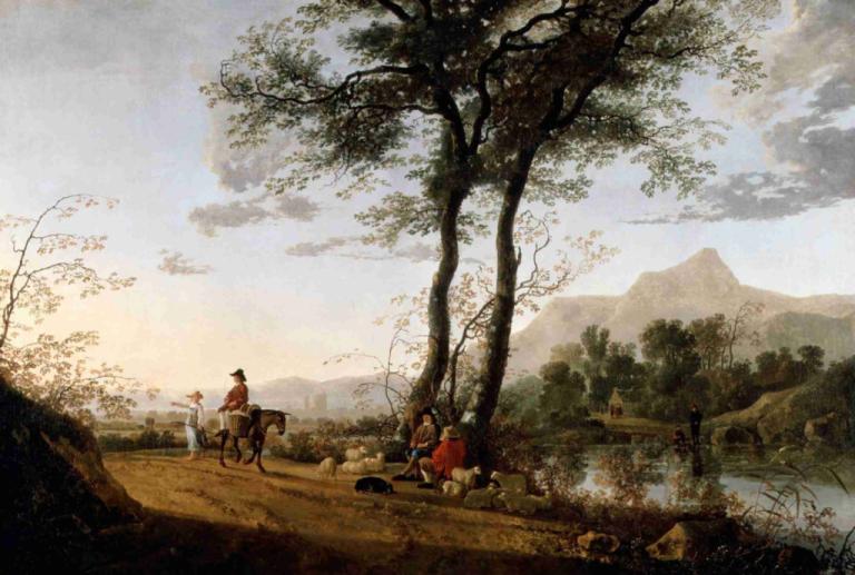 A Road near a River,Aelbert Cuyp,Oil Painting,Oil Painting, tree, outdoors, scenery, sky, multiple boys