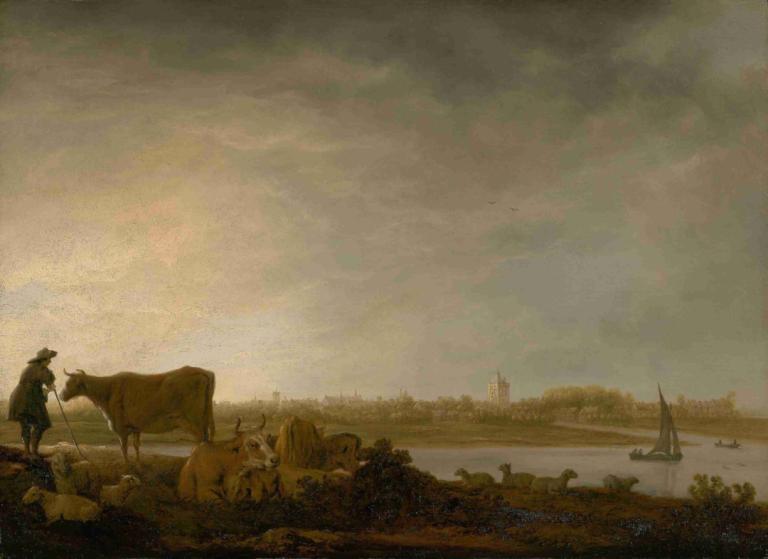 A View of Vianen with a Herdsman and Cattle by a River,Aelbert Cuyp,Oil Painting,Oil Painting, outdoors