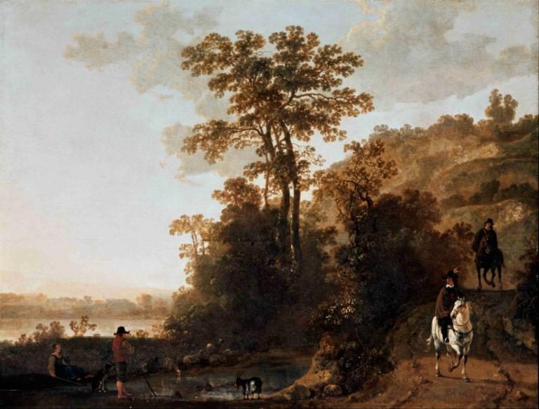 An Evening Ride near a River,강 근처에서 즐기는 저녁 라이딩,Aelbert Cuyp,오일 페인팅,오일 페인팅, 말, 나무, 옥외, 여러 소년, 승마, 승마