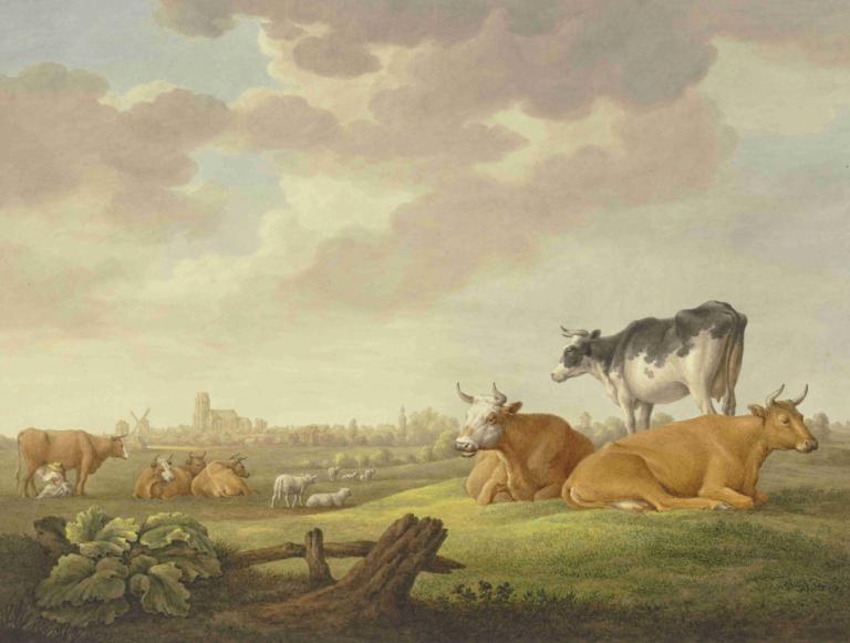 Auf einer Wiese Kühe und Schafe, in der Ferne eine Stadt, links eine Melkerin,Aelbert Cuyp,Oil Painting