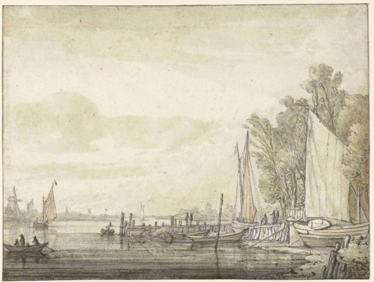 Boten bij een steiger in een rivier,Aelbert Cuyp,Copperplate Etching,Copperplate Etching, watercraft, boat