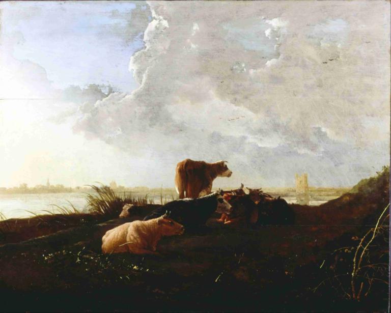 Cattle near a River,Aelbert Cuyp,Oil Painting,Oil Painting, dog, grass, outdoors, cloud, sky, scenery, lying