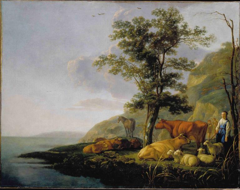 Cattle near a River,강 근처의 가축,Aelbert Cuyp,오일 페인팅,오일 페인팅, 나무, 옥외, 1남, 국경, 잔디, 독주, 경치, 하늘, 미술 패러디, 여자 1명, 남성 집중