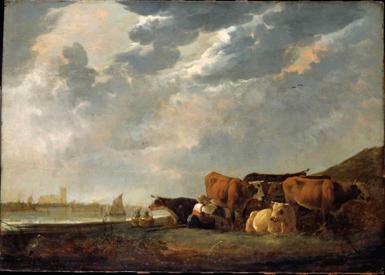 Cattle near the Maas, with Dordrecht in the distance,Aelbert Cuyp,Oil Painting,Oil Painting, cloud, sky