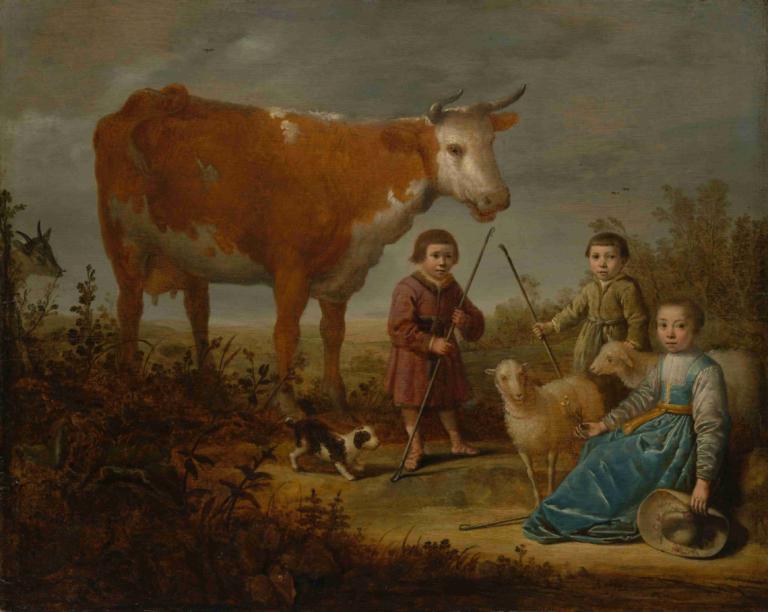 Children and a Cow,Aelbert Cuyp,Oil Painting,Oil Painting, fine art parody, multiple boys, outdoors, holding