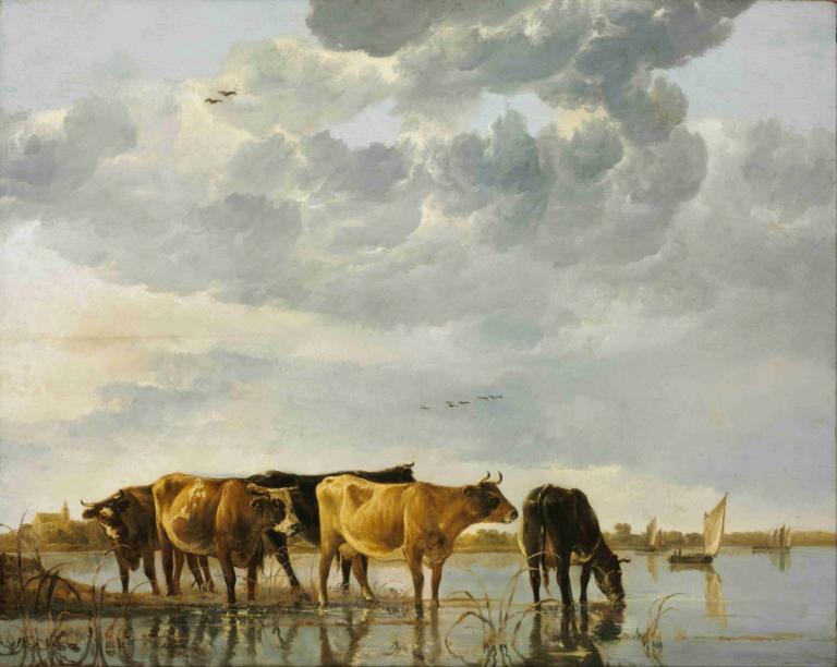 Cows in a River,강 속의 소,Aelbert Cuyp,오일 페인팅,오일 페인팅, 구름, 하늘, 말, 옥외, 흐린 하늘, 반사, 경치, 인간은 없어, 전통 미디어, 동물, 회화 (중)