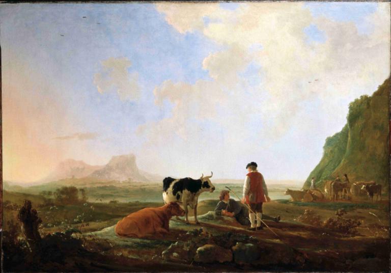 Herdsmen with Cows,소와 목동,Aelbert Cuyp,오일 페인팅,오일 페인팅, 옥외, 하늘, 구름, 흑발, 산, 낮, 개, 말, 경치, 동물, 여러 소년, 짧은 머리, 여자 1명