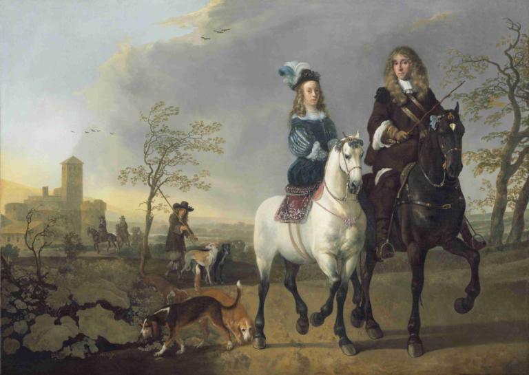 Lady and Gentleman on Horseback,말을 탄 신사 숙녀 여러분,Aelbert Cuyp,오일 페인팅,오일 페인팅, 말, 승마, 나무, 여러 여자, 승마, 옥외, 모자, 고삐