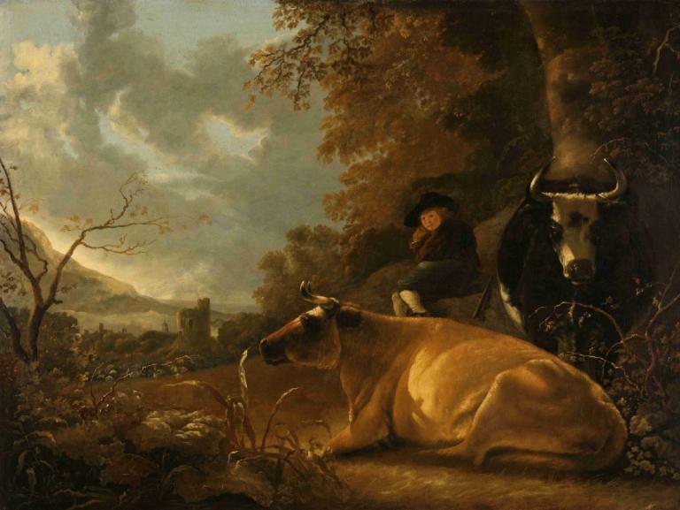 Landscape with Cows and a Young Herdsman,소와 젊은 목동이있는 풍경,Aelbert Cuyp,오일 페인팅,오일 페인팅, 나무, 구름, 옥외, 하늘, 1남, 모자