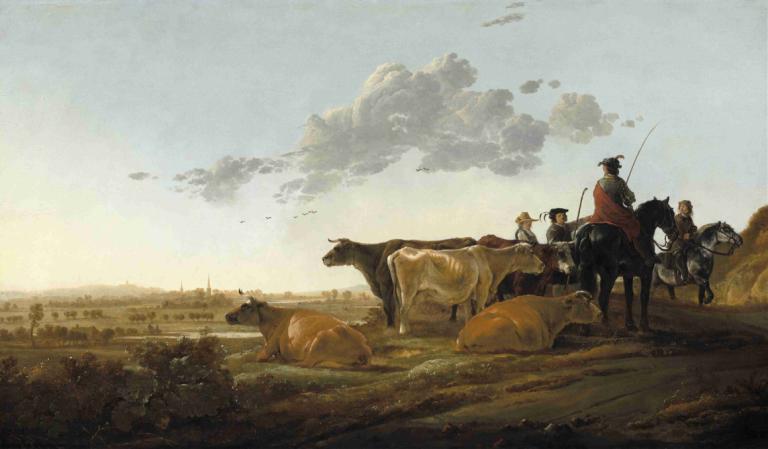 Landscape with Herdsmen,목동과 풍경,Aelbert Cuyp,오일 페인팅,오일 페인팅, 말, 옥외, 하늘, 승마, 구름, 승마, 경치, 동물, ...곶, 모자, 흐린 하늘, 잔디