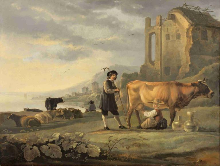 Landscape with Maid Milking a Cow,소 젖을 짜는 하녀와 풍경,Aelbert Cuyp,오일 페인팅,오일 페인팅, 여자 1명, 옥외, 동물, 구름, 흑발, 새, 하늘, 경치